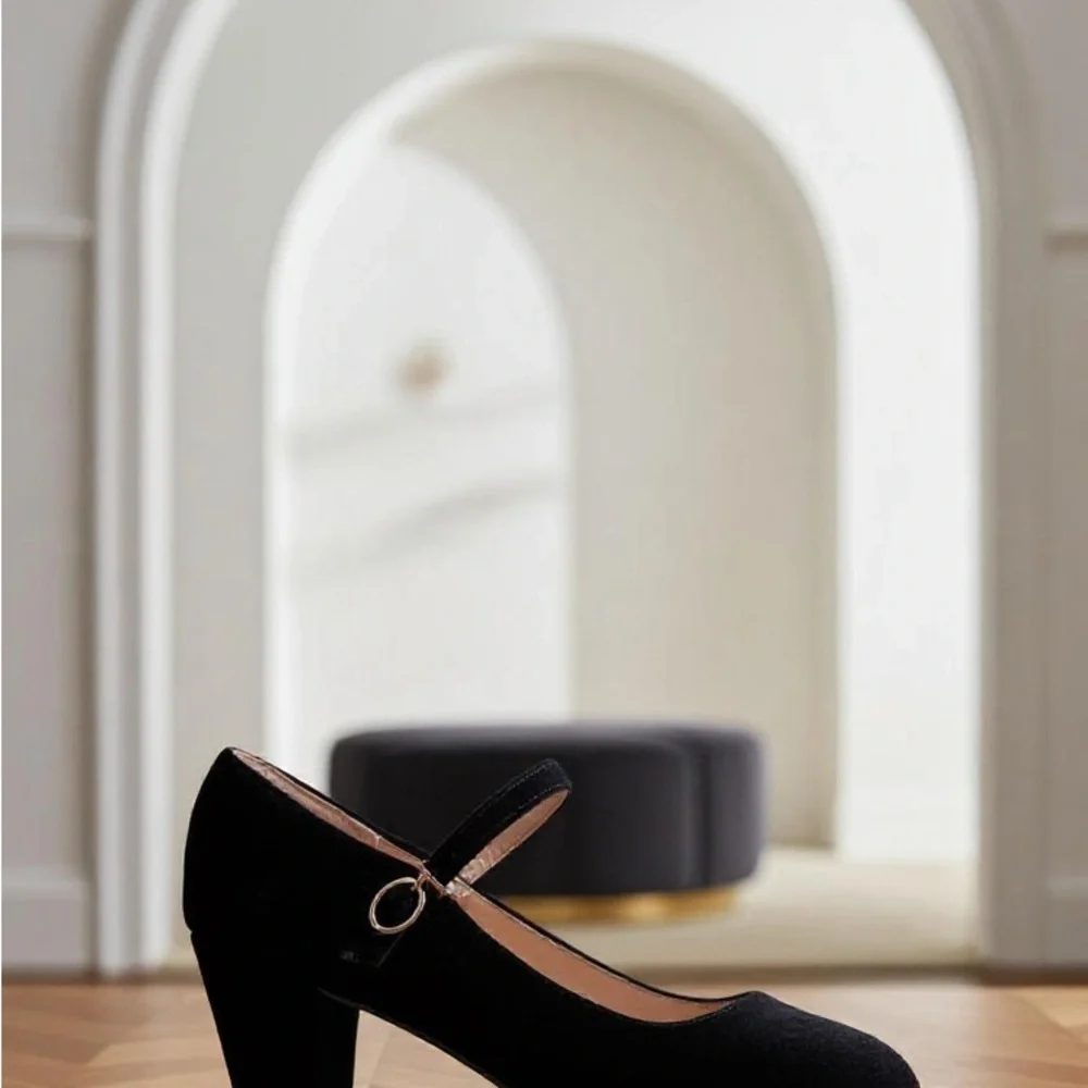 Elegant Black Suede, Rhinestone Embellished Mary Jane Heels -- EU 39 -- US 7.5/8